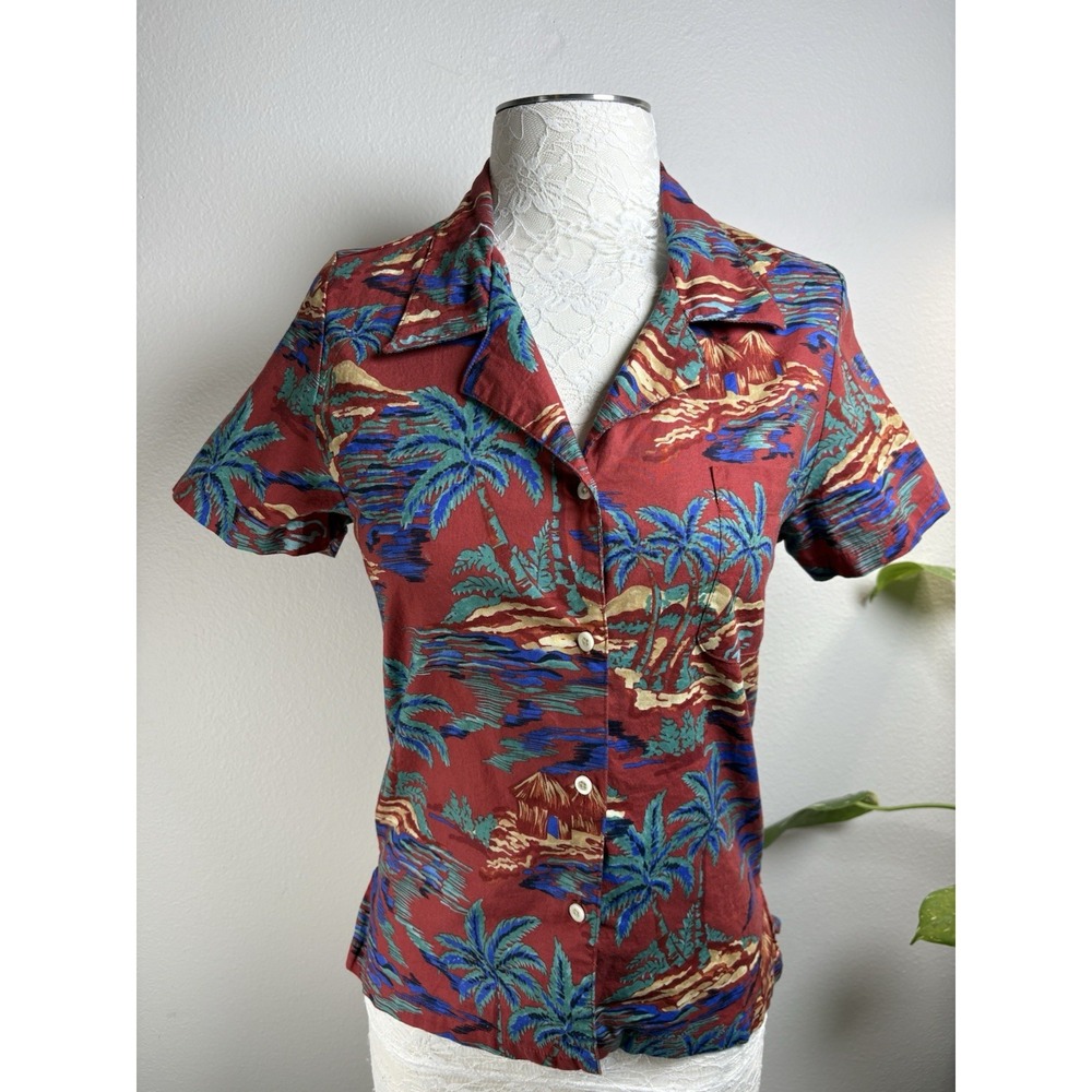 Honoli'i Aloha Women's Small ~ Red Tropical Hawaiian Palm Tree Shirt Button Up